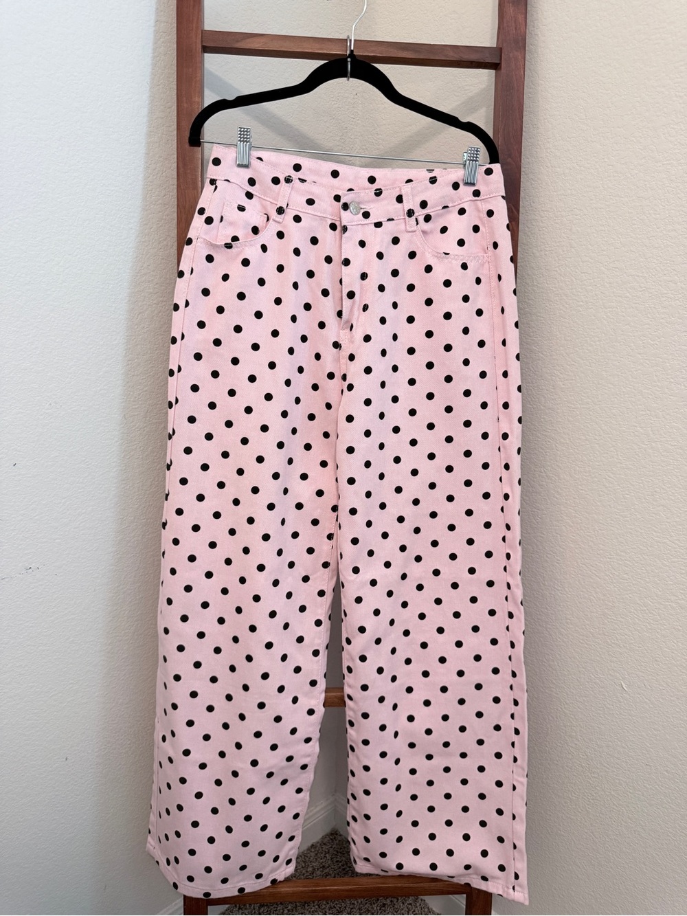 Pink Black Polka Dot Wide Leg Jeans High Rise Retro